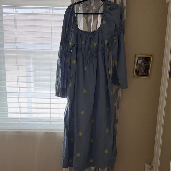 Free People Blue Midi Dress with Yellow Dot Embroidery - Picture 4 of 8